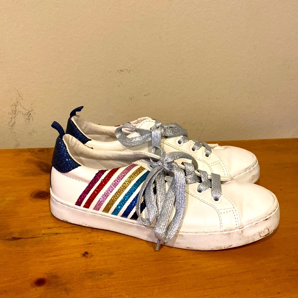 GAP Youth Girls Rainbow Sneakers Crazy Stripe Glitter sz 2 silver glitter laces